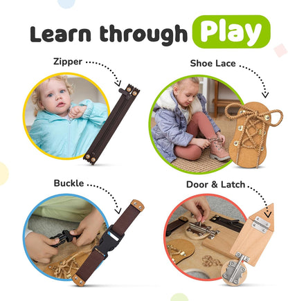 Sensory Busy Board for Toddlers, Premium Wooden Toddler Busy Board for 1 2 3 Year Old with 10 Educational Activities for Fine Motor Skills, Fidget Activity Toy for Travel